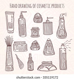 Hand drawing illustration of a set of make up and cosmetics. Tubes for a cream makeup for beauty. The spray dispenser. Vintage decorative, stylized elements, jars, bottles, tubes and packaging.