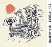 Hand drawing illustration skeleton skull, the concept from skeleton riding the hot rod car. Design for tshirt design or merchandise