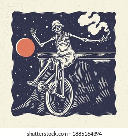 Hand drawing illustration skeleton skull, the concept from skeleton circus riding the one wheel bicycle. Design for tshirt design or merchandise