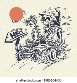 Handzeichnung Skelettskull, das Konzept von Skelett auf dem heißen Stangenwagen. Design für T-Shirt-Design oder Handelsartikel