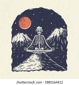 Handzeichnung Skelettskull, das Konzept aus Skelett Yoga mit Hintergrund Berg die Nacht. Design für T-Shirt-Design oder Handelsartikel