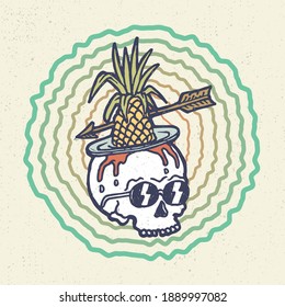 Hand drawing illustration skeleton skull, the concept from skull head with arrow, pineapple, and rose. Design for tshirt design or merchandise