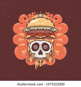 Hand drawing illustration skull food, the concept from the skull combination with junk food, burger, hotdog. Design for tshirt design or merchandise