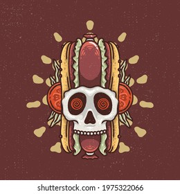 Hand drawing illustration skull food, the concept from the skull combination with junk food, burger, hotdog. Design for tshirt design or merchandise