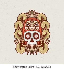 Hand drawing illustration skull and japanese daruma, the concept from the skull head combination with traditional japanese daruma. Design for tshirt design or merchandise