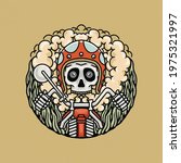 Hand drawing illustration skull motorcycle, the concept from the skull riding the motorcycle with helmet. Design for tshirt design or merchandise