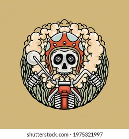 Hand Drawing Illustration Skull Motorcycle, The Concept From The Skull Riding The Motorcycle With Helmet. Design For Tshirt Design Or Merchandise