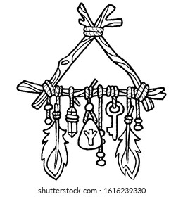 Hand drawing illustration. A triangular dreamcatcher made of tree branches with feathers, beads, runes, crystal and key. Coloring page. Occult illustration. Wiccan practices. Book illustration. 