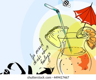 Hand drawing. Illustration of tropical cocktail with umbrella. Seamless pattern.