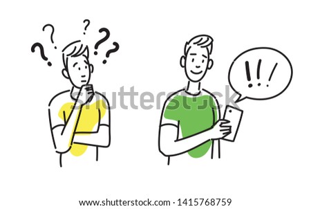 Hand drawing illustration of two boys, teenagers. One is asking questions. The other solves problems with smartphone.