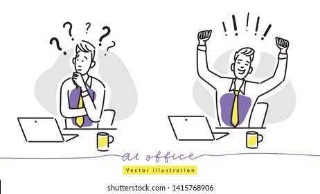 Hand drawing illustration of two men. One is asking questions. The other solves problems.