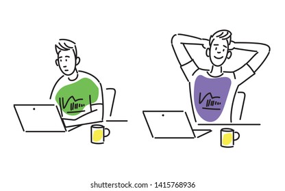 Hand drawing illustration of two men. One is working on laptop. The other is having a rest, coffee break.