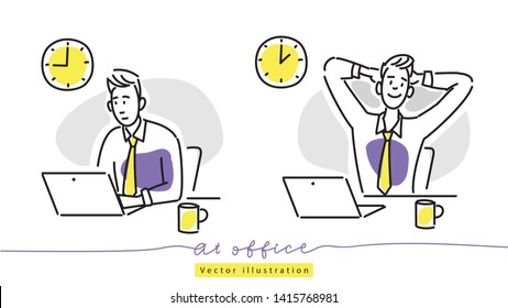 Handzeichnung von zwei Männern im Büro. Einer arbeitet an einem Laptop. Die andere ist eine Pause, eine Kaffeepause.