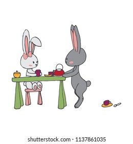 Hand drawing illustrations for postcards, stickers and backgrounds. Colorfull sketch design for babies. Cute bunnys series