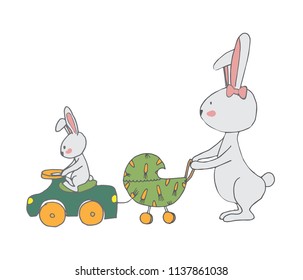 Hand drawing illustrations for postcards, stickers and backgrounds. Colorfull sketch design for babies. Cute bunnys series