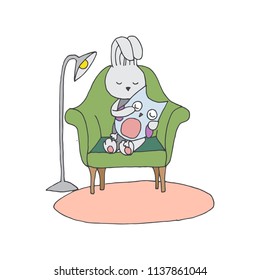 Hand drawing illustrations for postcards, stickers and backgrounds. Colorfull sketch design for babies. Cute bunnys series
