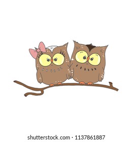 Hand drawing illustrations for postcards, stickers and backgrounds. Colorfull sketch design for babies. Cute owl series