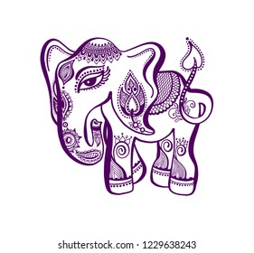 hand drawing indian elephant, henna design tattoo  vector illustration