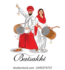 Dibujo a mano trajes tradicionales indios, Ilustración vectorial de danza punjabi, dibujo de Vector de cultivos celebración de corte