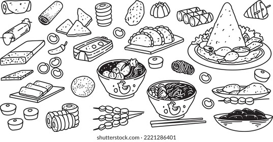 Hand drawing of indonesian food set isolated on white background.