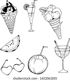Tinta de dibujo manual lentes de sol lentes de sol cocteles de crema vectorial doodle