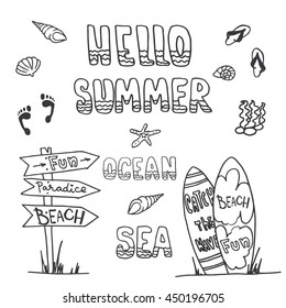 Hand drawing ink summer set black on white background, vector illustration, lettering and doodle for your design, pointer and surfboards