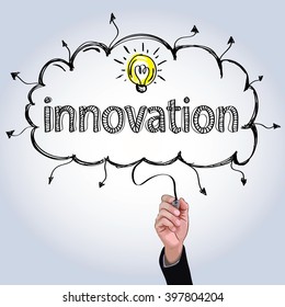 Hand drawing innovation with light bulb in cloud illustration vector