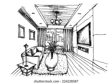 Hand drawing Interior Design for living room on white background, Vector