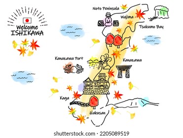 hand drawing ISHIKAWA JAPAN in Autumn tourist spot map., vector