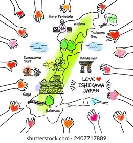 hand drawing ISHIKAWA JAPAN map and people hands with LOVE, vector