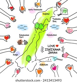 hand drawing ISHIKAWA JAPAN map and people hands with LOVE, vector