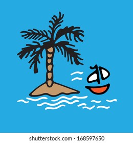 Hand drawing Island and boat.