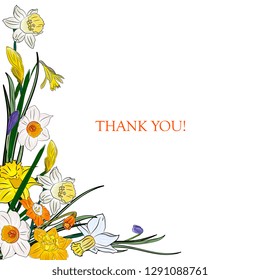 Hand drawing isolated floral border, frame with  leaves, branches and flowers daffodils,narcissus. Wedding, greeting card, spring, love, romantic.   Easter, Valentines day, borthday, baby shower