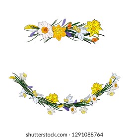 Hand drawing isolated floral border, frame with  leaves, branches and flowers daffodils,narcissus. Wedding, greeting card, spring, love, romantic.   Easter, Valentines day, borthday, baby shower