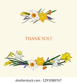 Hand drawing isolated floral border, frame with  leaves, branches and flowers daffodils,narcissus. Wedding, greeting card, spring, love, romantic.   Easter, Valentines day, borthday, baby shower