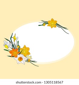 Hand drawing isolated floral border, frame with  leaves, branches and flowers daffodils,narcissus. Wedding, greeting card, spring, love, romantic.   Easter, Valentines day, borthday. sketch