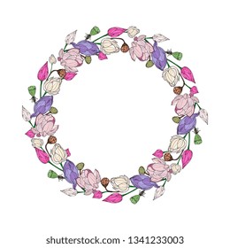Hand drawing isolated floral border, frame with  elegant lotus. Wedding, greeting card, spring, love, romantic.   exotic aquatic flower.India, Bali