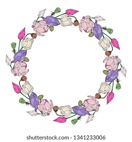 Hand drawing isolated floral border, frame with  elegant lotus. Wedding, greeting card, spring, love, romantic.   exotic aquatic flower.India, Bali