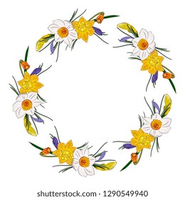 Hand drawing isolated floral wreath, round frame with  leaves, branches and flowers daffodils,narcissus. Wedding, greeting card, spring, love, romantic.   Easter, Valentines day, borthday, baby shower