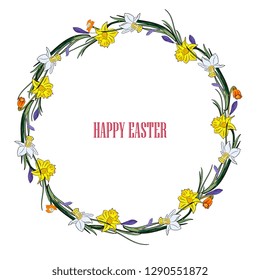 Hand drawing isolated floral wreath, round frame with  leaves, branches and flowers daffodils,narcissus. Wedding, greeting card, spring, love, romantic.  Easter, Valentines day, borthday,