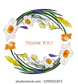 Hand drawing isolated floral wreath, round frame with  leaves, branches and flowers daffodils,narcissus. Wedding, greeting card, spring, love, romantic.  Easter, Valentines day, borthday,