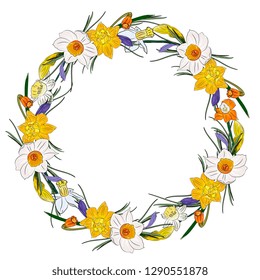 Hand drawing isolated floral wreath, round frame with  leaves, branches and flowers daffodils,narcissus. Wedding, greeting card, spring, love, romantic.  Easter, Valentines day, borthday,