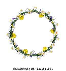 Hand drawing isolated floral wreath, round frame with  leaves, branches and flowers daffodils,narcissus. Wedding, greeting card, spring, love, romantic.  Easter, Valentines day, borthday,