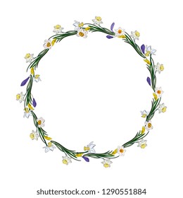 Hand drawing isolated floral wreath, round frame with  leaves, branches and flowers daffodils,narcissus. Wedding, greeting card, spring, love, romantic.  Easter, Valentines day, borthday,