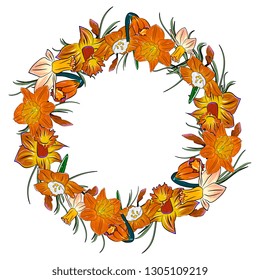 Hand drawing isolated floral wreath, round frame with leaves and flowers daffodils,narcissus.Wedding, greeting card, spring, love, romantic.  Beautiful. Easter,Valentines day, borthday,sketch, vintage