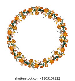 Hand drawing isolated floral wreath, round frame with leaves and flowers daffodils,narcissus.Wedding, greeting card, spring, love, romantic.  Beautiful. Easter,Valentines day, borthday,sketch, vintage