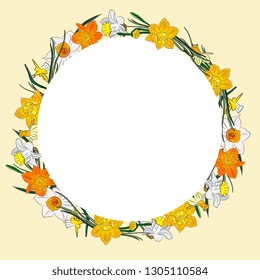 Hand drawing isolated floral wreath, round frame with leaves and flowers daffodils,narcissus.Wedding, greeting card, spring, love, romantic.  Beautiful. Easter,Valentines day, borthday,sketch, vintage