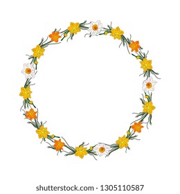 Hand drawing isolated floral wreath, round frame with leaves and flowers daffodils,narcissus.Wedding, greeting card, spring, love, romantic.  Beautiful. Easter,Valentines day, borthday,sketch, vintage