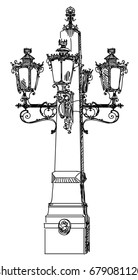 Hand drawing isolated illustration of old street lamp in black color on white background