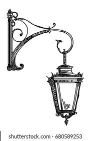 Hand drawing isolated illustration of old street lamp in black color on white background